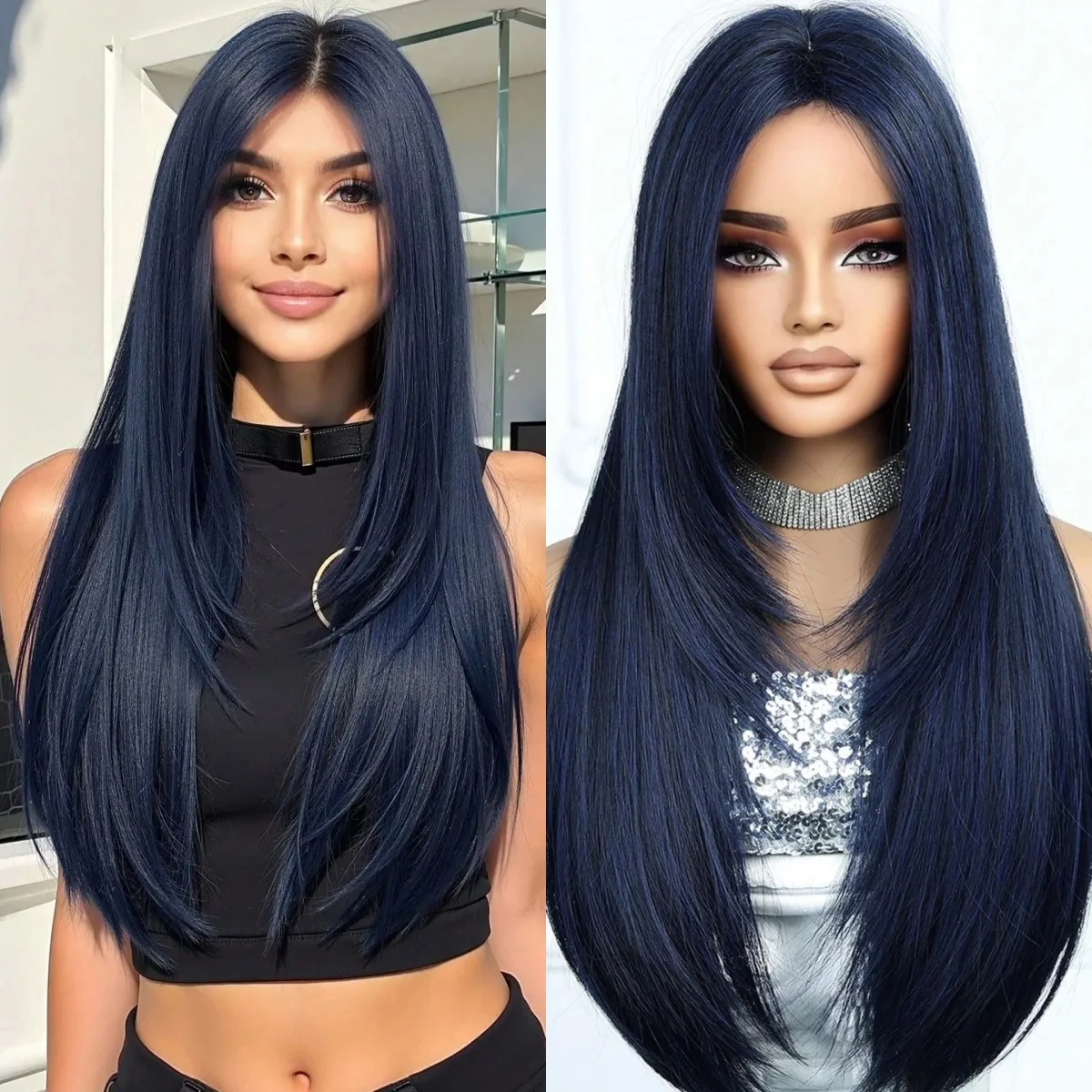 

Темно-синий многослойный парик фронта шнурка Длинные прямые парики 13x4 HD Бесклеевой синтетический парик фронтальной части шнурка Высокое качество Косплей для женщин