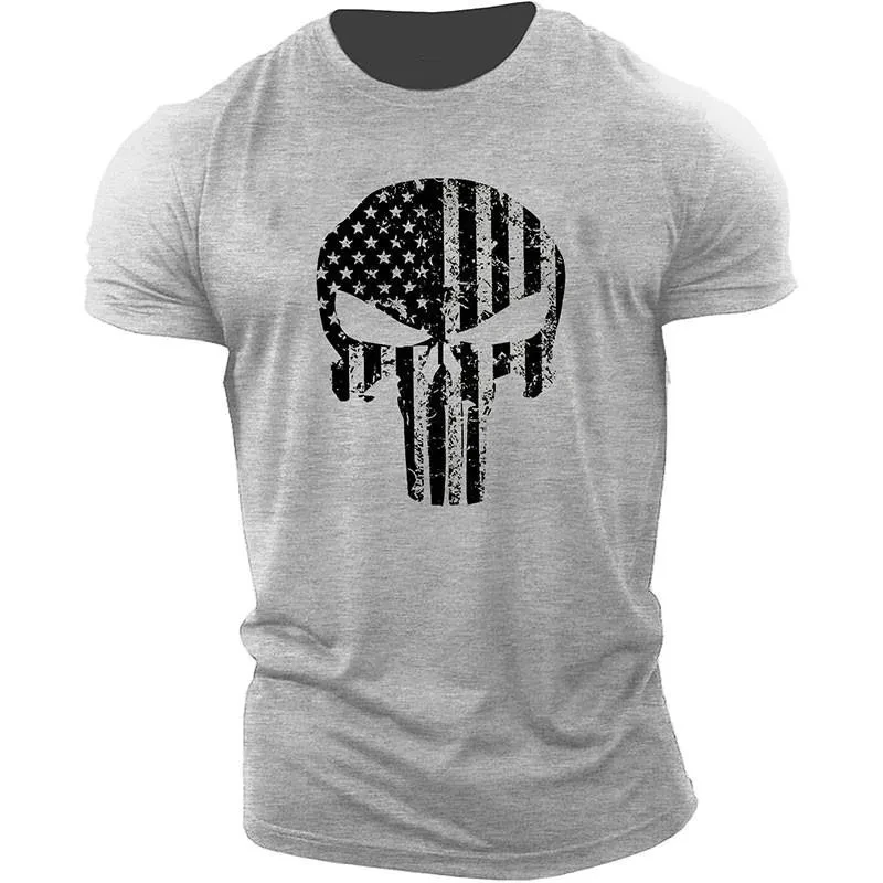 Men\'s Skull 3D Printed T-Shirt Short Sleeve Casual Sports Shirt Quick Drying Army Green 6XL