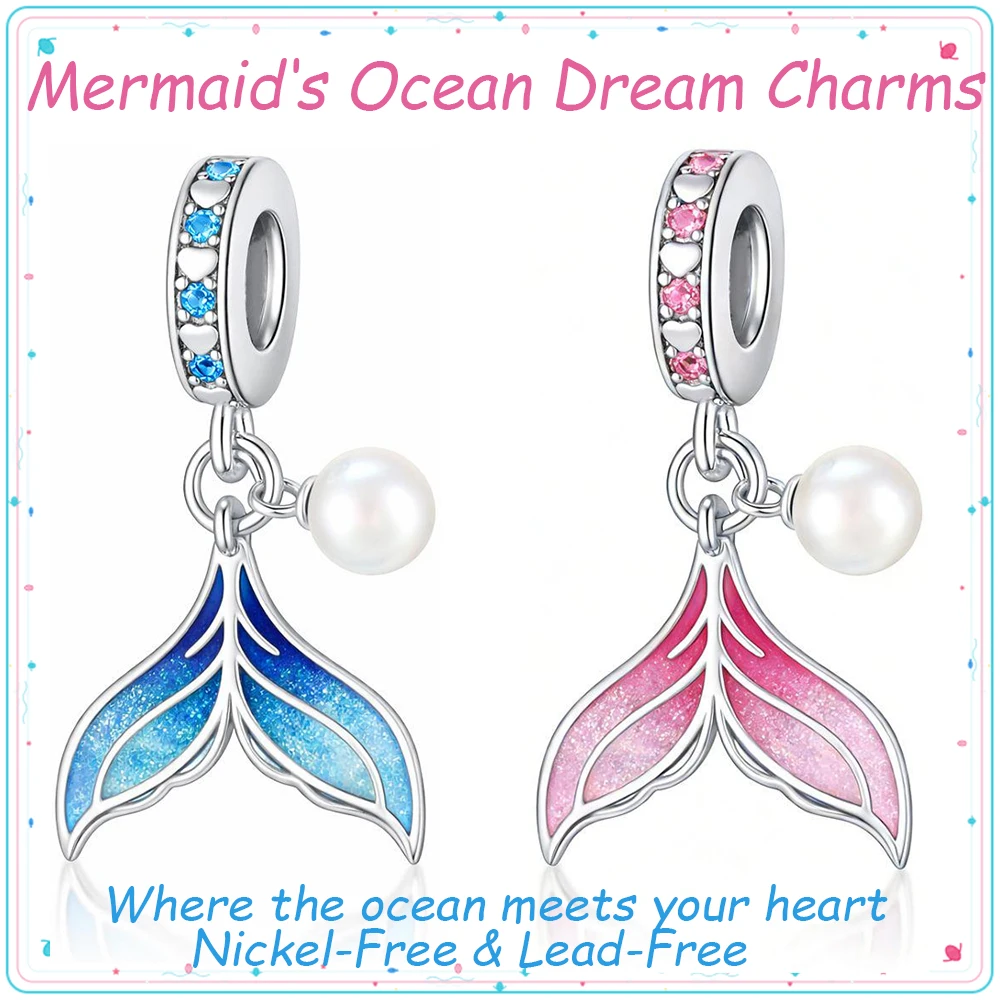 Pan Charms Mermaid Tail Pendant Bead Pastel Blue Ocean Jewelry for Bracelet Necklace DIY Gift Nature Lovers Women Gift for lover