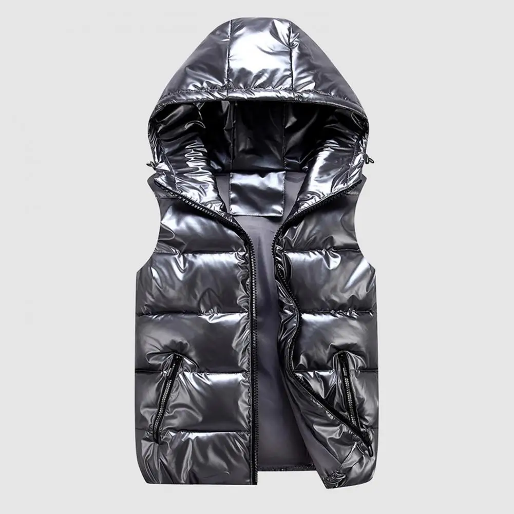 Men Cotton Vest Autumn Winter Hooded Sleeveless Zipper Placket Jacket With Pockets Solid Glossy Finish Down Quilted Vest Coat