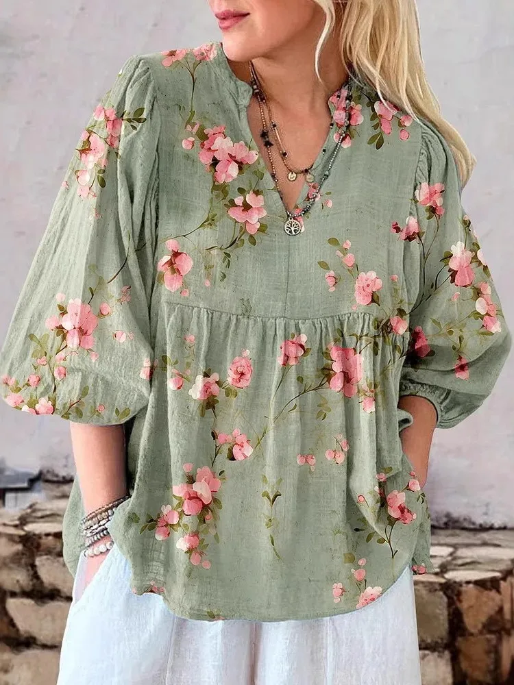 여성용 캐주얼 빈티지 프린트 셔츠 탑, 패션 V넥 퍼프 소매 풀오버 루즈핏 셔츠 탑, 레이디 봄 여름 신상 의류