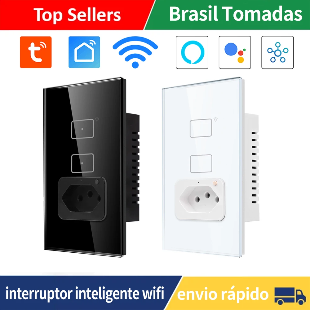 Tuya Wifi Smart Brazil Light Switch Wall Socket Plug Outlet 1/2gang Touch Sensor Glass Panel Remote by Alexa Dot Google Home