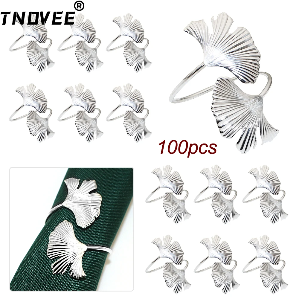 100Pcs Silver Leaf Napkin Ring Thanksgiving Napkin Holder Ginkgo Leaf Serviette Buckles for Fall Wedding Party Dinner Table Deco