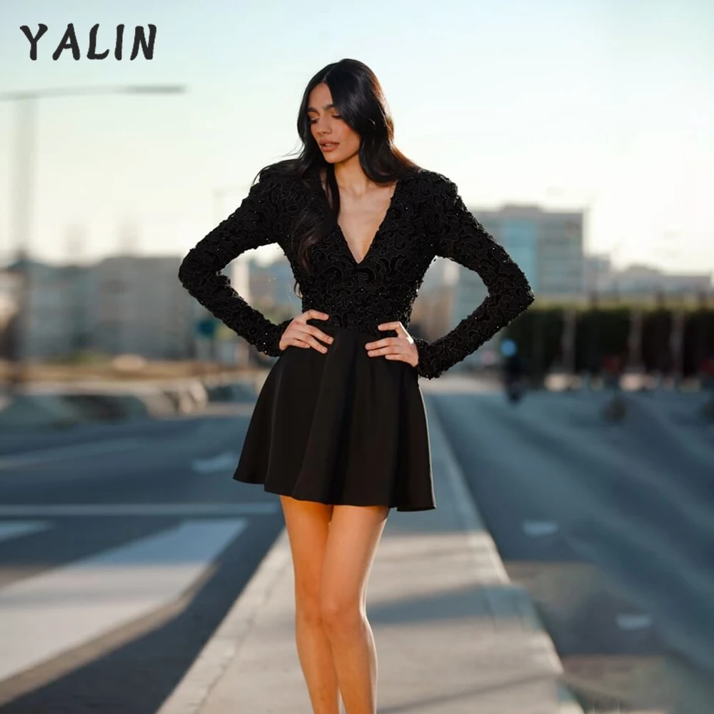 YALIN Long Sleeves Black Cocktail Dresses Sexy Dubai Deep V Neck Applique Mini Length Club Wear Gowns Vestidos De Fiesta