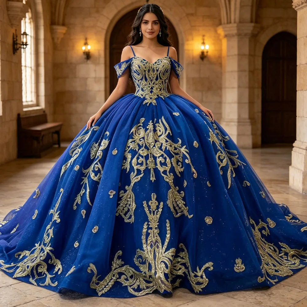 Blue Vestido Debutante 15 Anos Spaghetti Straps Sweetheart Lace Up Back Sequined Customized Long Evening Dress