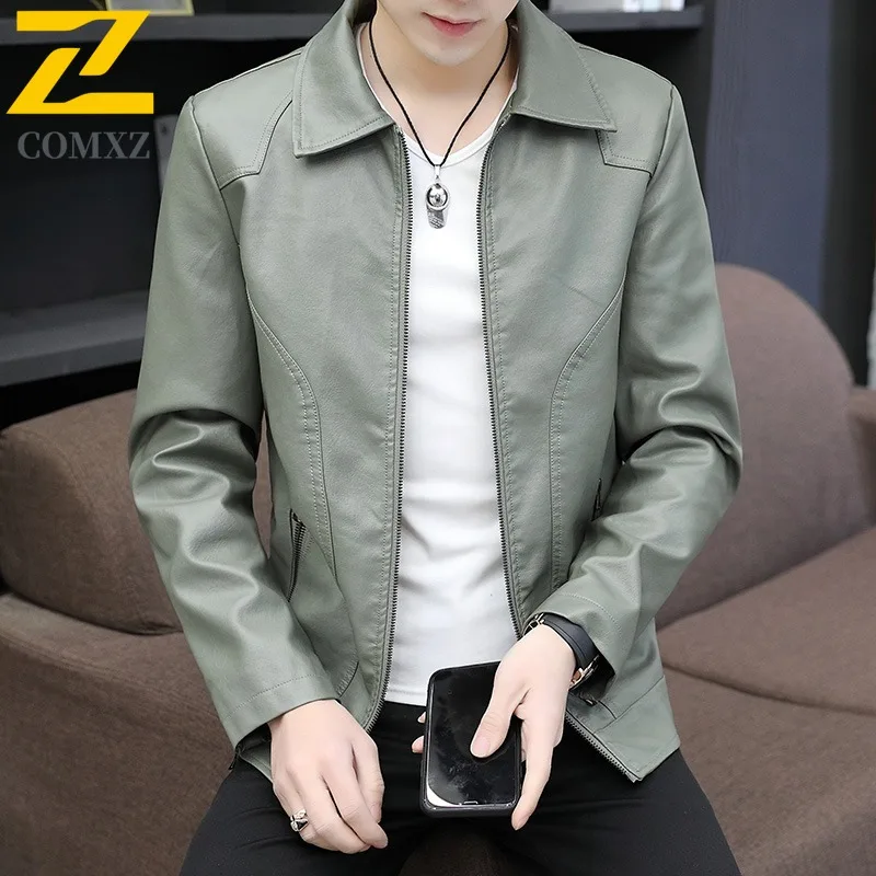 

COMXZ 2025 Autumn Men Leather Jacket Fleece Lined Thickened Versatile Handsome PU Leather Jacket Korean Stand Collar Leather Top