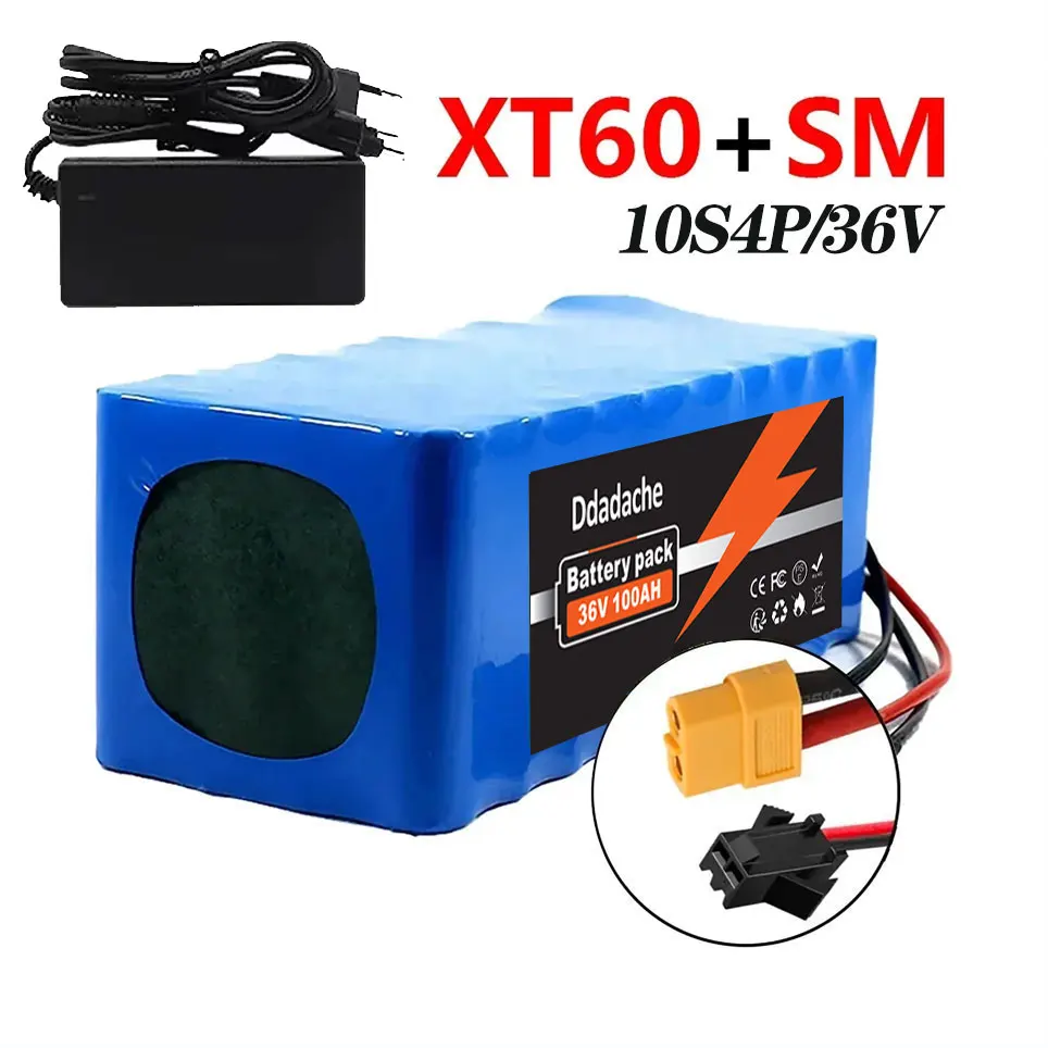 10S4P 100Ah lithiumbatterij, 36V grote capaciteit, gebruikt voor fietsen en elektrische scooters, inclusief BMS XT60-aansluiting en oplader