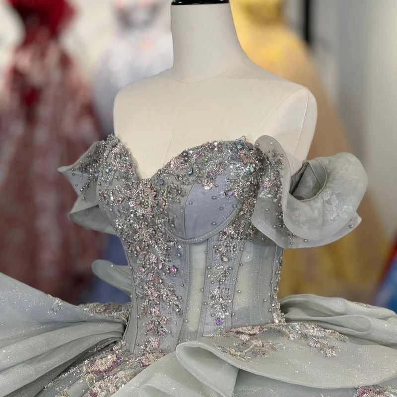 Grayish Green Shiny Quinceanera Dresses Off The Shoulder Sequin Applique Lace Beading Crystal Tull Corset Party Birthday Sweet