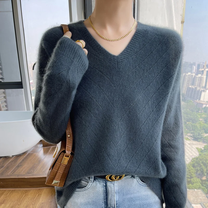 DjzDsm Autumn/Winter New 100% Pure Wool Knitted Sweater Top Women's V-neck Thick Hollow Long Sleeve Wool Sweater  Pullover