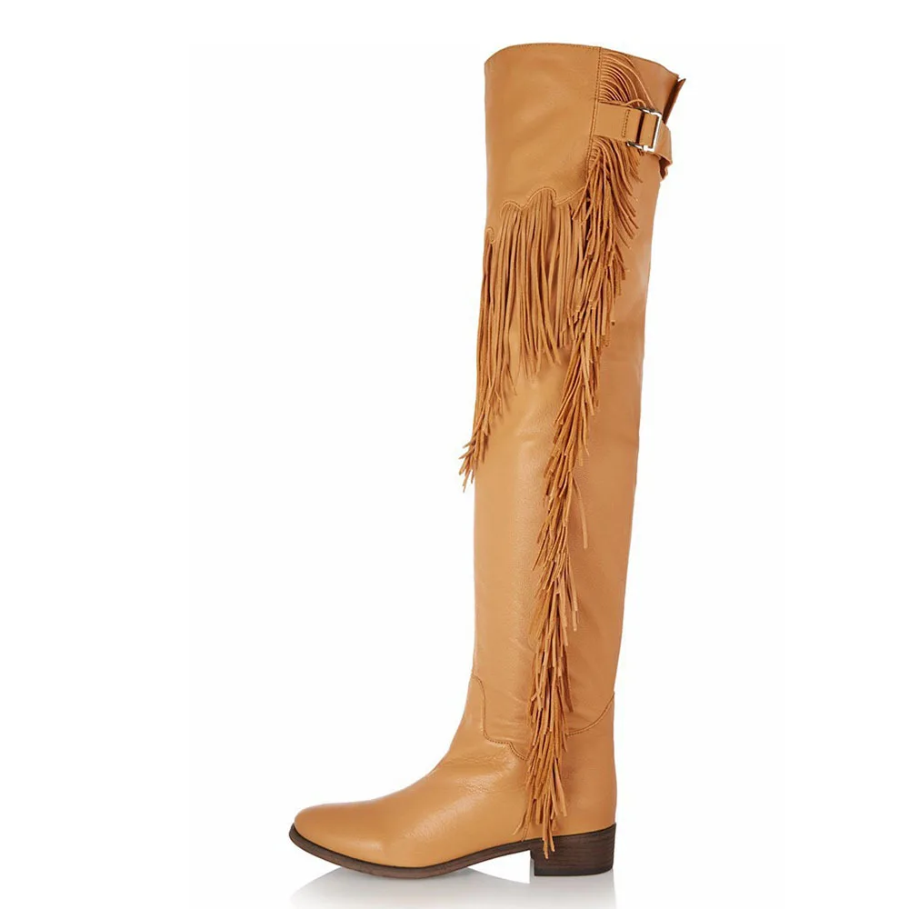 

Fringed Flat-Soled Over-The-Knee Boots Yellow Round-Toed Large-Sized Botines Thick-Heeled Women Thigh Botas Femininas Chaussure
