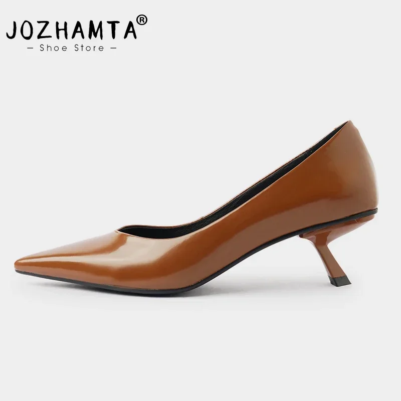 JOZHAMTA Size 33-41 Women Pumps Real Leather Thin High Heels Shoes Vintage Pointed Toe Slip-On Shoes Classic Office Lady Dress