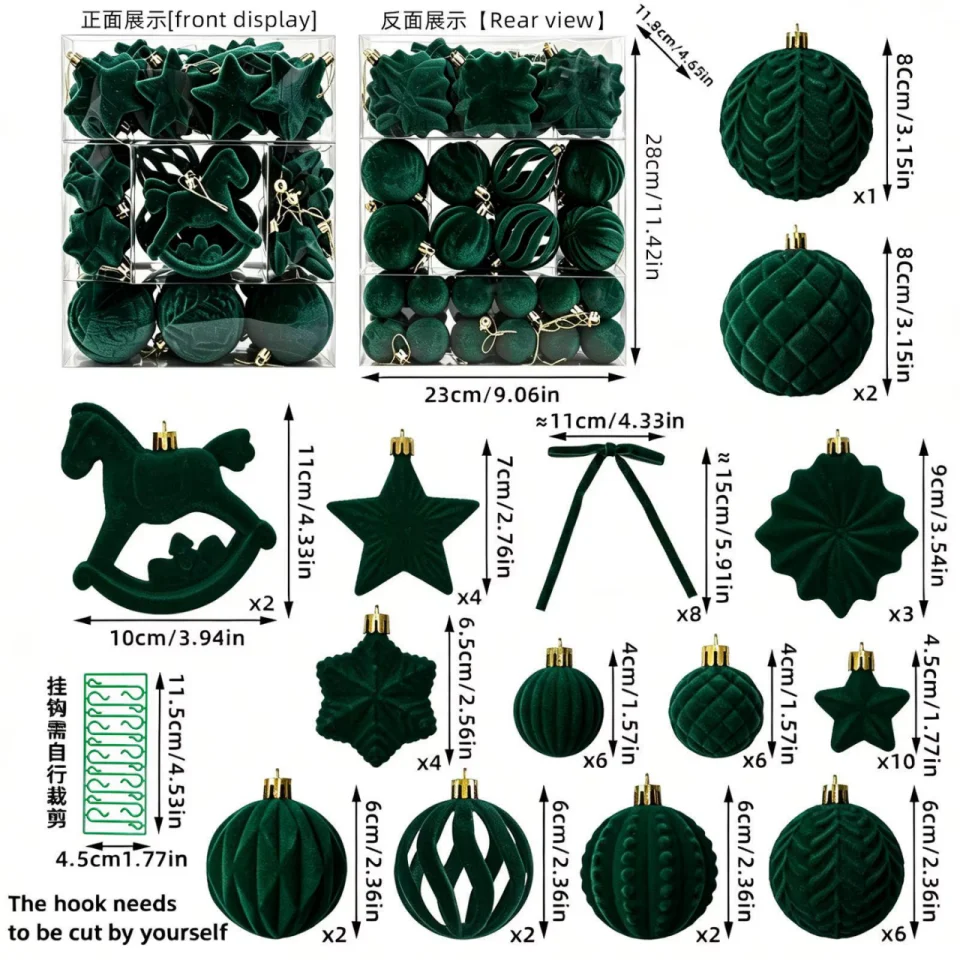 30/58pcs Green Velvet Christmas Ornaments for Xmas Trees Hand Painted Openwork Uniquely Shaped Xmas Ornaments for Xmas Party