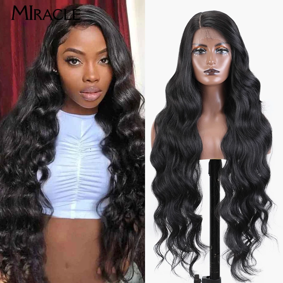 MIRACLE Wig sintetis renda depan wanita, Wig Cosplay rambut palsu pirang panjang bergelombang 36 inci tubuh bagian sisi bergelombang renda depan warna cokelat