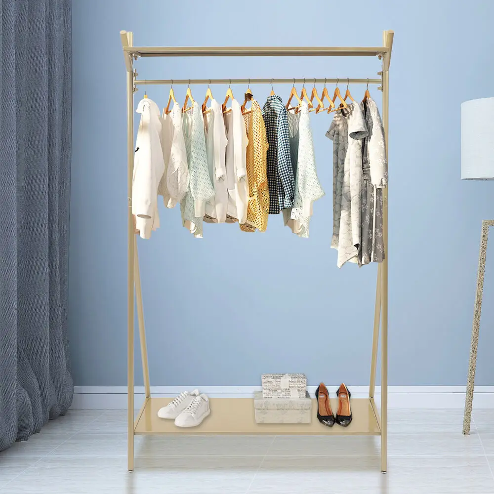 Clothes Hats Rail Rack Golden Metal Garment Hanging Holder w/Storage Shelf TOP