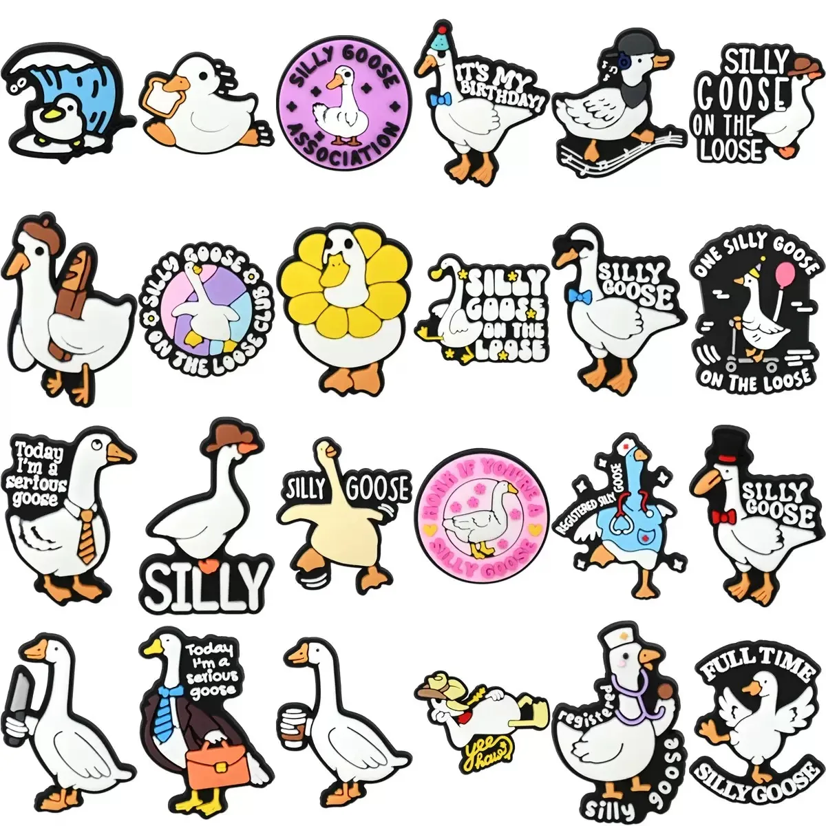 24pcs Cartoon Goose PVC Shoe Charms Cute Garden Shoes Accessories Sandals Buckle Decorations Fit Wristband DIY Xmas Party Gift