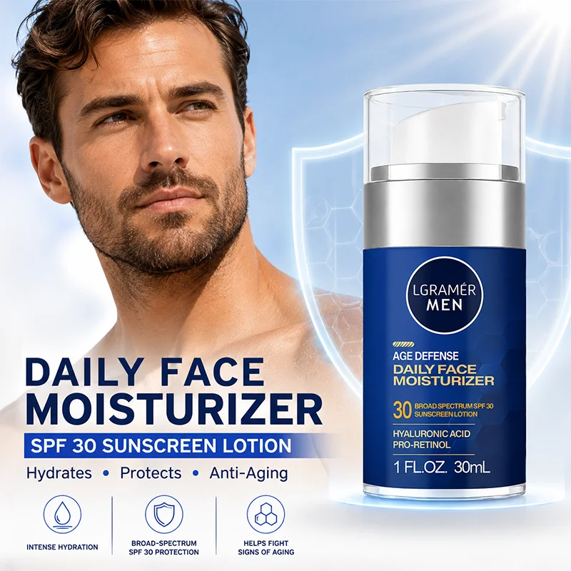 Protector Solar Facial Diario para Hombre con FPS 30+, Protección de Amplio Espectro, con Pro-Retinol y Ácido Hialurónico, Loción Facial Apta para Barba