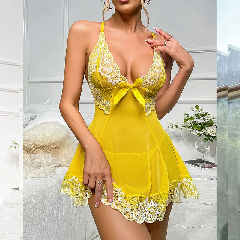 Naughty Transparent Nightgown For Sexy Women Babydoll Elegant Sleepwear Sex Dress Hot Fancy Porn Lingerie Pajamas With G-string