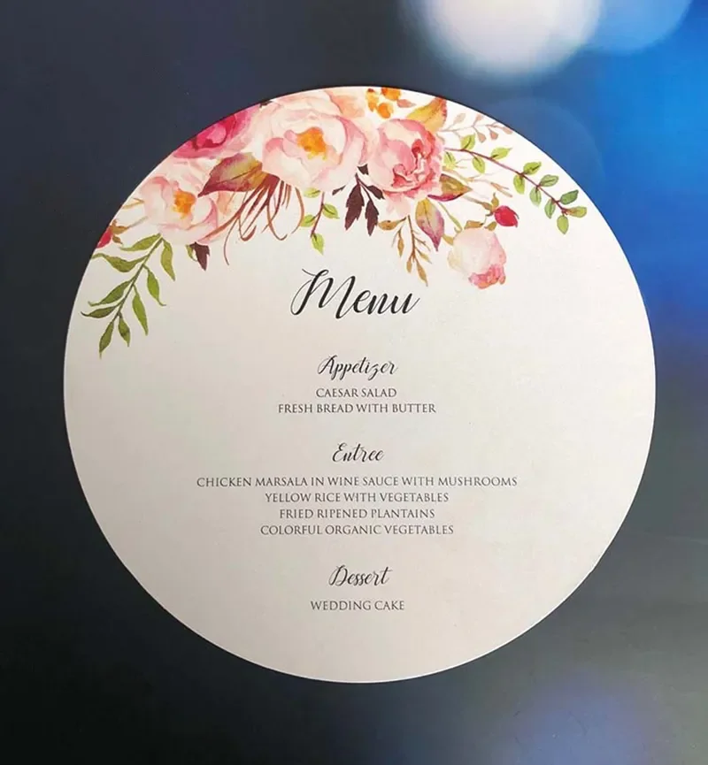 20pcs Customized Wedding Menu party rose flower Menu round menus pink thank you cards custom logo pearl paper