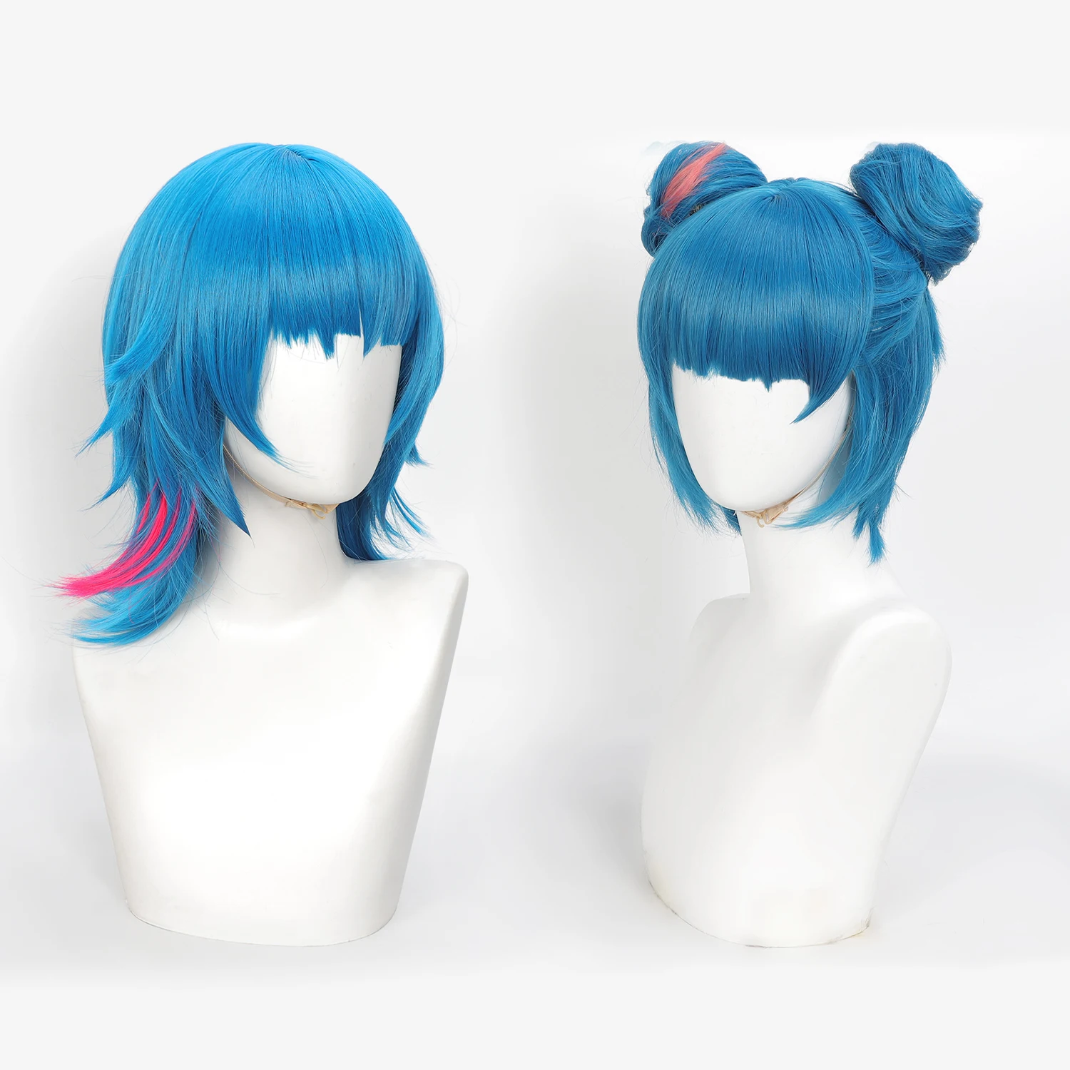 Arcane Jinx Cosplay Wig Blue Pink Highlight Short Synthetic Wig With Optional Double Buns For Halloween Game Role Play Costume