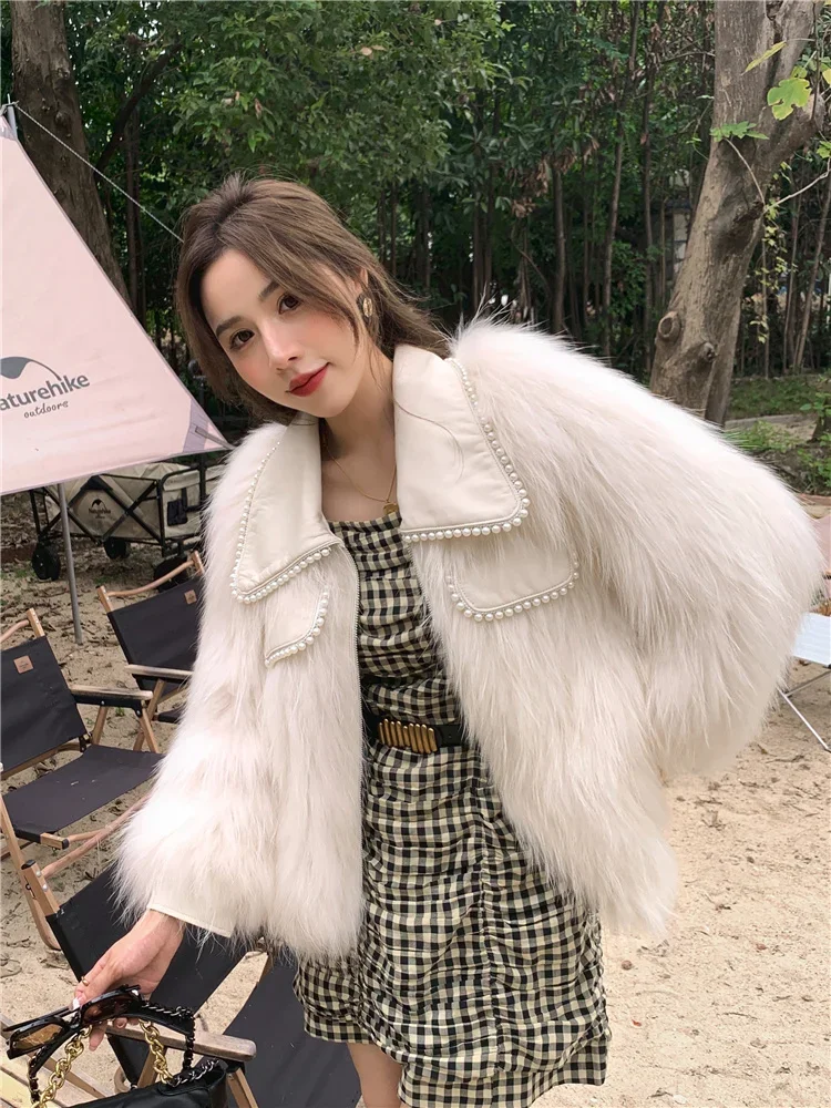 

Coat for Women Princess Collar Woven Raccoon Fur Fashion String Pearl Lapel Short Knitted Thick Warm Fur Sexy Club Winter Jacket