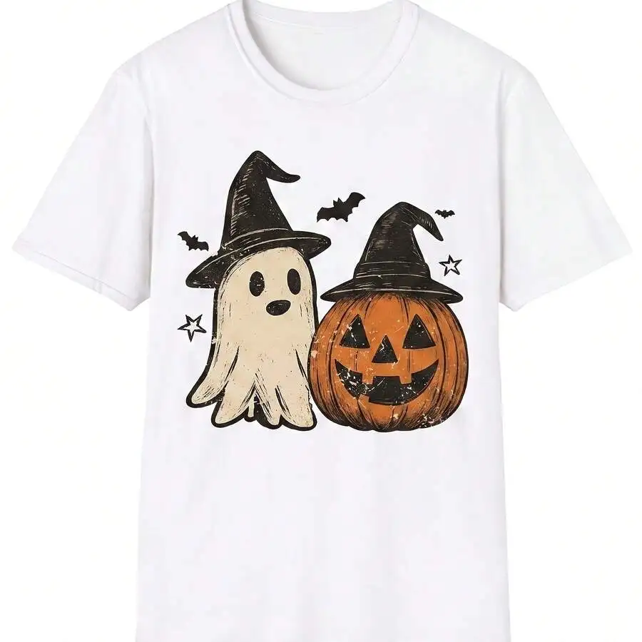 Ghost And Pumpkin Halloween Graphic T Shirt Spooky Season Cute Witch Hat Fall Casual Tee Ideal For Halloween Party Fall Daily Tops