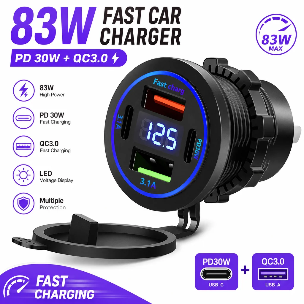 12V-24V Car Charger Socket Fast Charging PD30W QC3.0 Outlet Power Adapter Voltmeter for Motorcycle Truck Boat Car Accessories