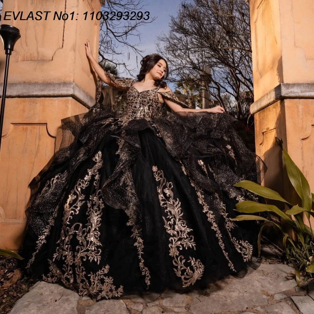 

EVLAST Customized Shiny Black Ball Gown Quinceanera Dress Gold Lace Applique Beading Cape Sweet 16 Vestidos De 15 Anos E1QN23