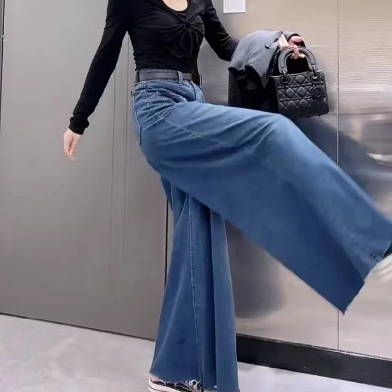 Retro Loose Super Wide-leg Jeans Women\'s 2024 Spring New Design Rough Edge Culottes Drape Floor Pants Women\'s Clothing Simple