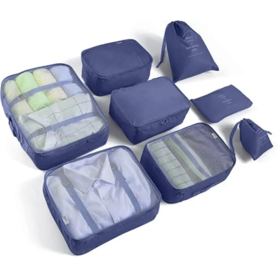 

8 Set Packing Cubes for Suitcases Travel Luggage Packing Organizers with Shoe Bag and Laundry Bag in Dark Blue for Travel Essen