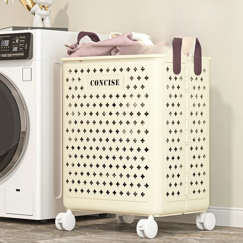

folding laundry basket, bathroom with wheels, hollowed-out and breathable laundry basket, enlarged storage basket with handle