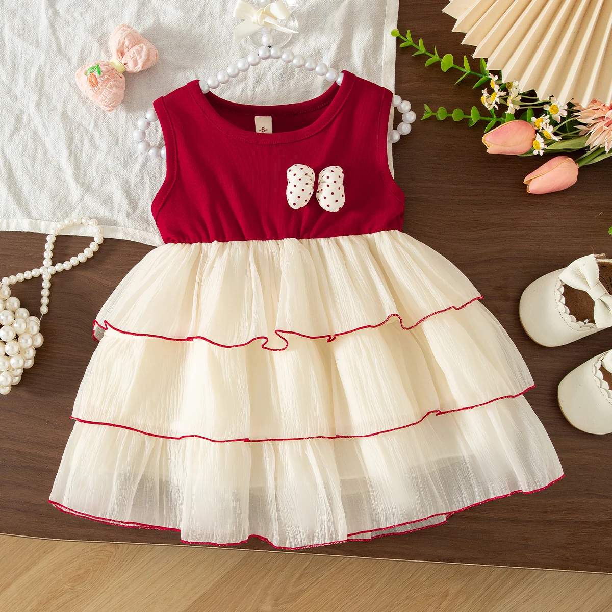 Baby Dresses Summer Cotton Bow Multi Layer Mesh Sleeveless Baby Girl Dress Cartoon Cute Casual Girl Clothing