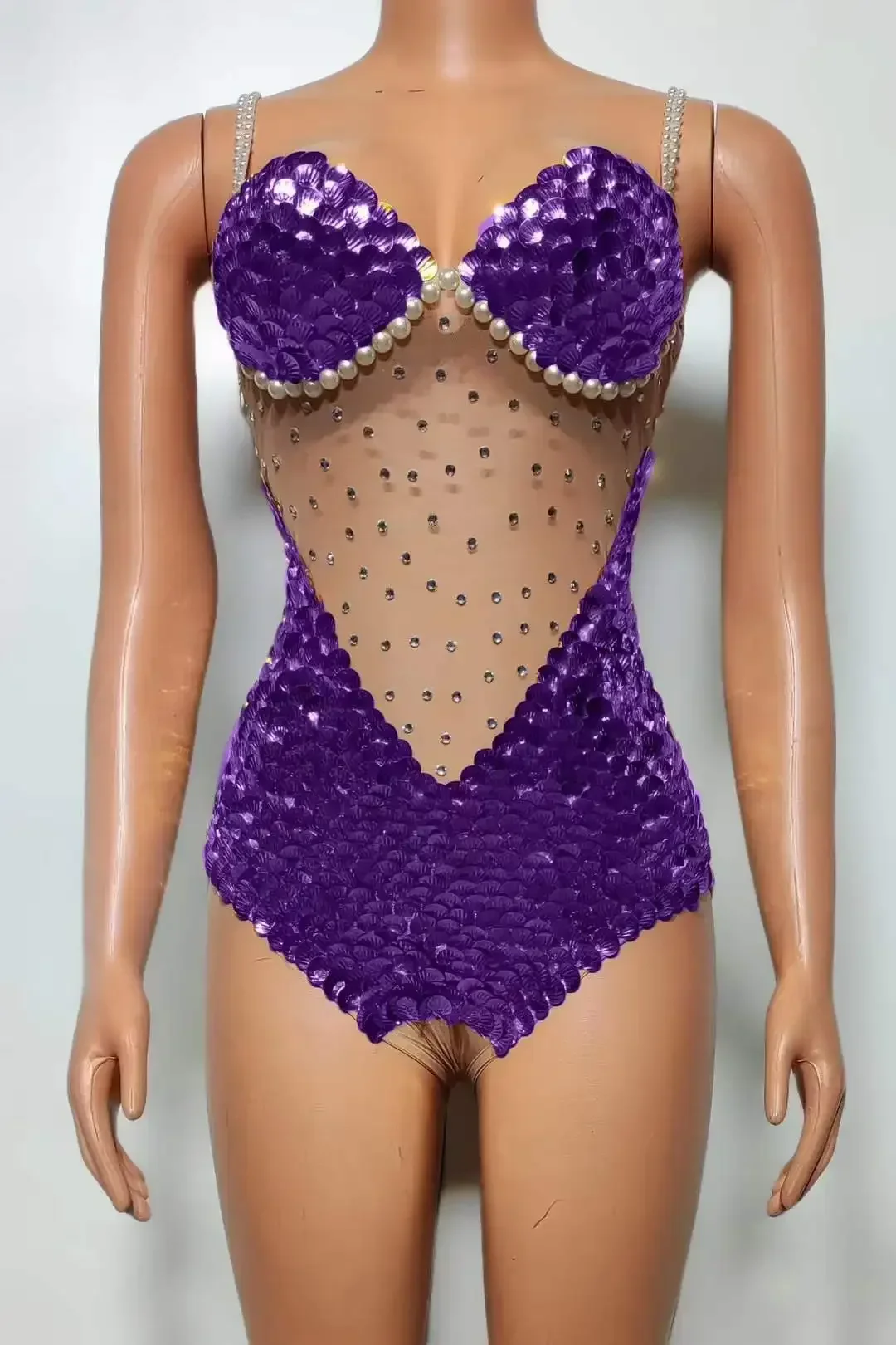 

Purple Red Sparkly Mesh Bodysuits For Women Scale Sequins Rhinestone Club Night Celebrity Stage Wear Birthday Drag Queen Costume