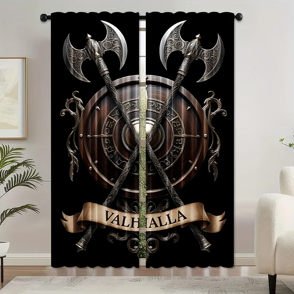 2pc Viking Valhalla Axe & Shield Door Curtains,Sheer Light-Filtering, Artistic Decor for Bedroom, Living Room, Office & Holidays