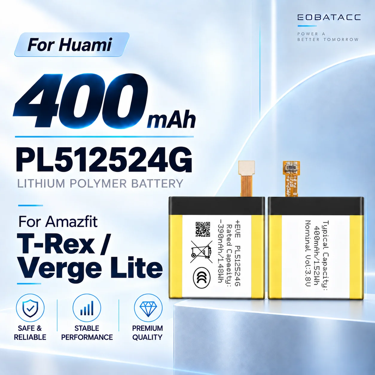 New PL512524G 400mAh Replacement Battery For Huami Amazfit T-Rex/Verge Lite Smartwatch Long-lasting +Free Tools