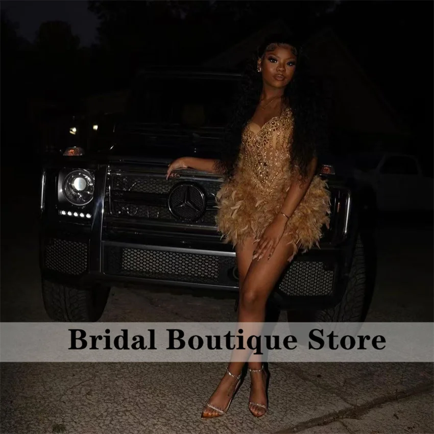 Sparkly Gold Short Prom Dress 2026 Glitter Bead Crystals Feathers Cocktail Gown Birthday Party Gown Homecoming Customized