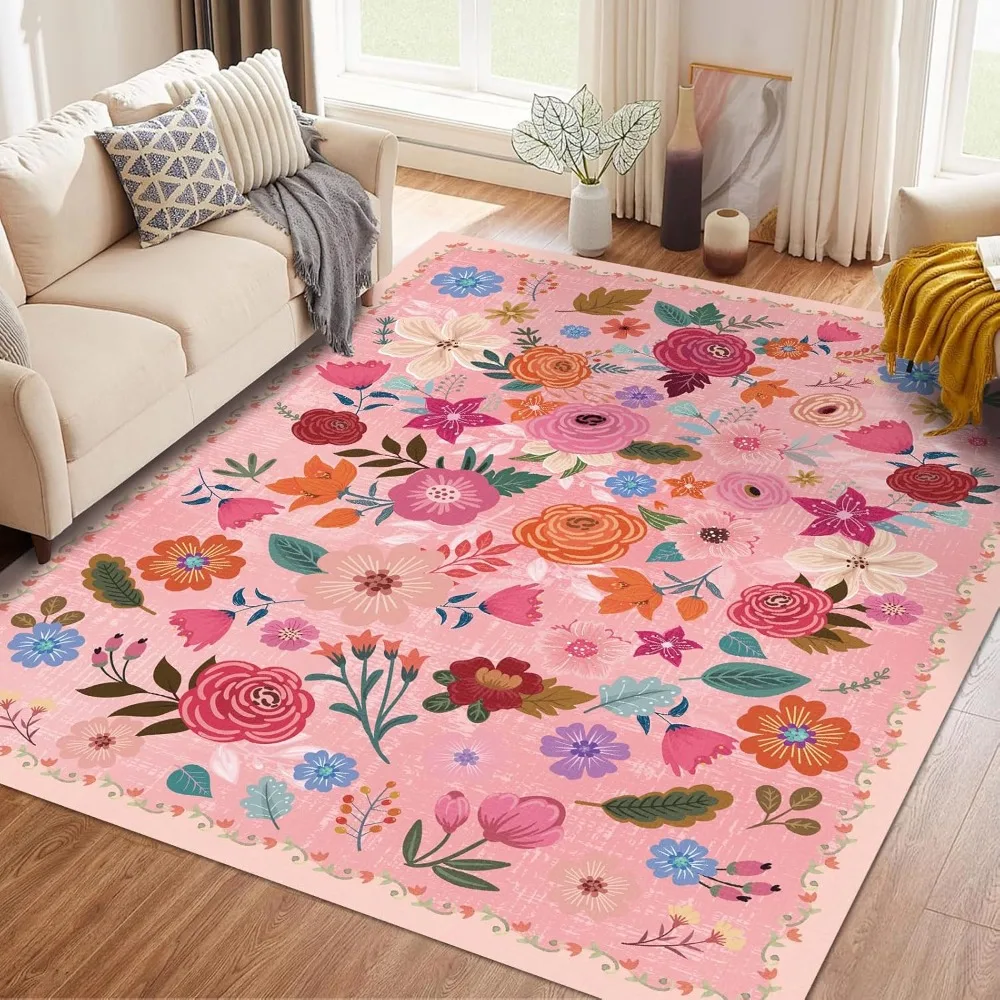 

Washable Hot Pink Area Rug 5'×7' Hot Pink Boho Large Living Room Rug Floral Non-Slip Soft Oriental Vintage Color Bedroom Carpet