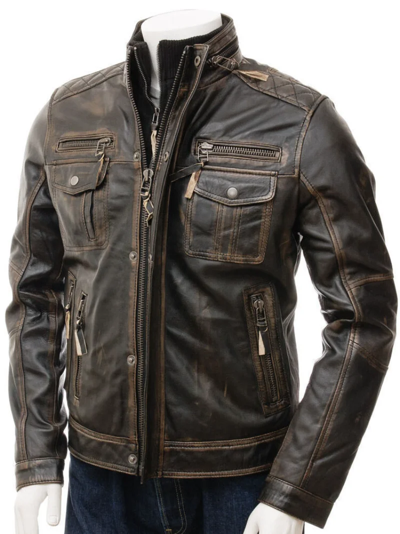 

Men Leather Jacket Vintage Distressed Faded Seams Cafe Racer Cowhide Genuine Leather Coat Motorcycle Outwear