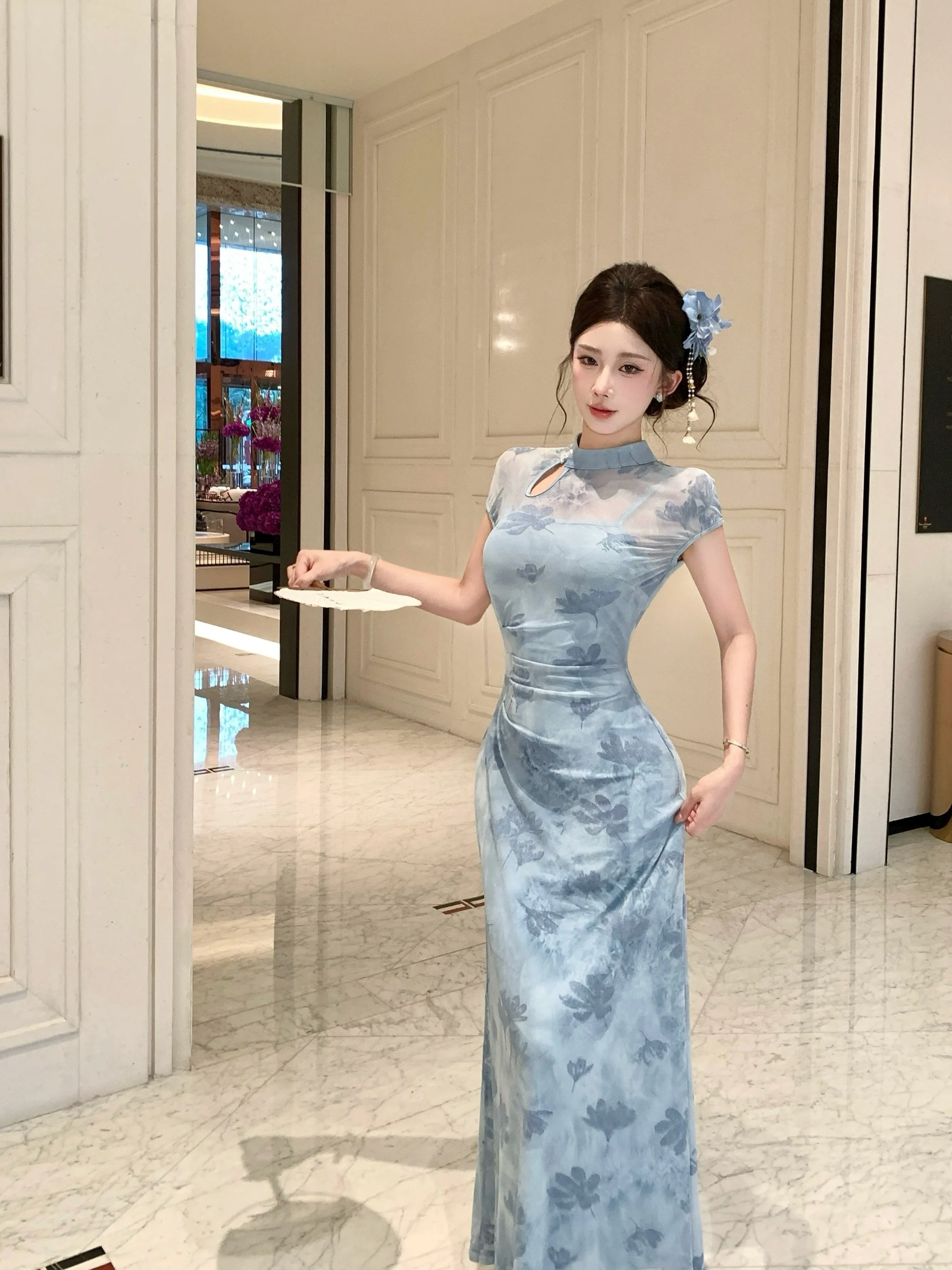 

Blue Floral Print Velvet Kimono Sleeve Dress Slimming Effect Chinese Style Long Evening Gown Breathable Short Sleeve Women's ...