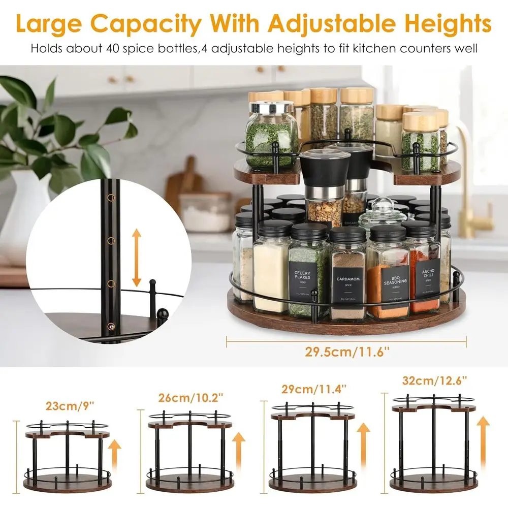 Adjustable 2-Tier Wooden Lazy Susan Spice Rack, 12 Rotating Organizer for Kitchen, Cabinet, and Dining Table Storage