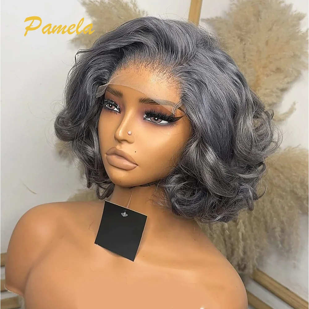 

Короткие Боб Свободные Волнистые Парики Фронта Шнурка 13x4 Предварительно Сорванные Отбеленные Узлы Пикси Стрижка Прозрачный Парик Фронта Шнурка Серые Парики Человеческих Волос