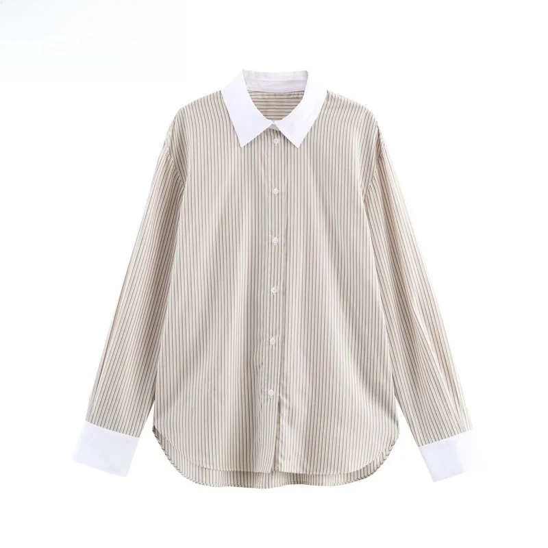 

Autumn New Women's Loose Striped Long Sve irt Color Blo Street Sle Faionable Breathable Polyester Fiber irt