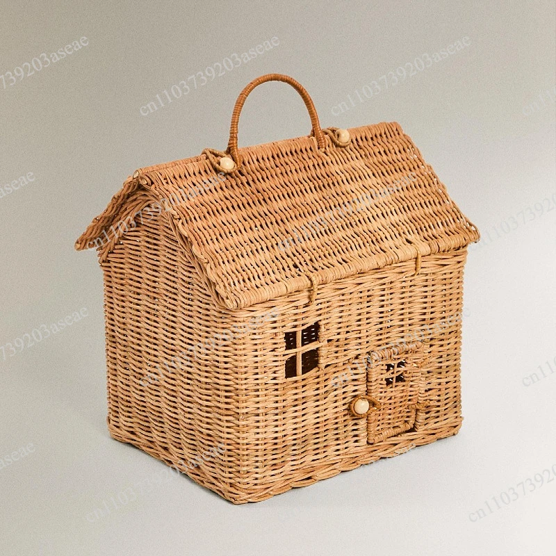 Handmade rattan woven small house bag toy storage basket
