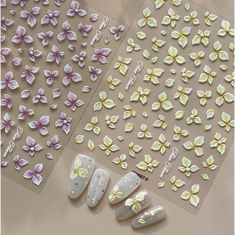 Colorful Flowers 5D Reliefs Nail Charms Stickers Gradual Petal Delicate Nail Art Stickers Manicure Decals Decoratio Accessories