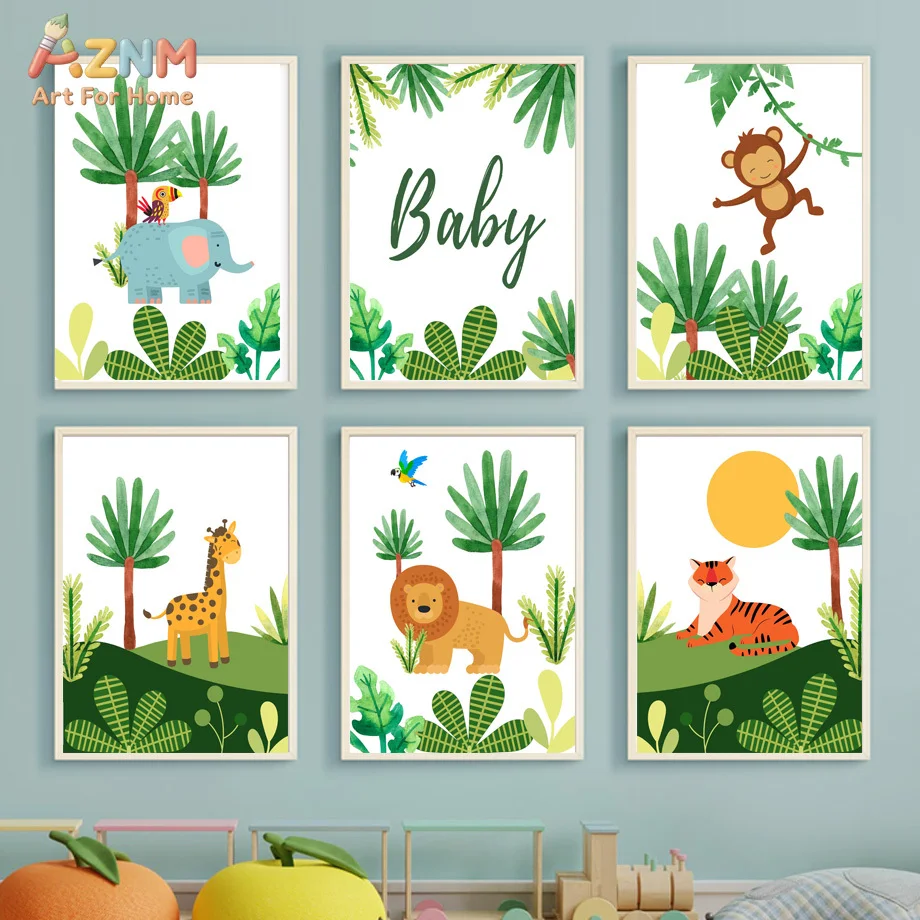 Lindo cuadro de pared para habitación infantil con diseño de safari en la jungla, dibujo animado de animales del bosque, león, mono, impresiones en lienzo, póster de vegetación tropical, decoración para habitación de bebé niño