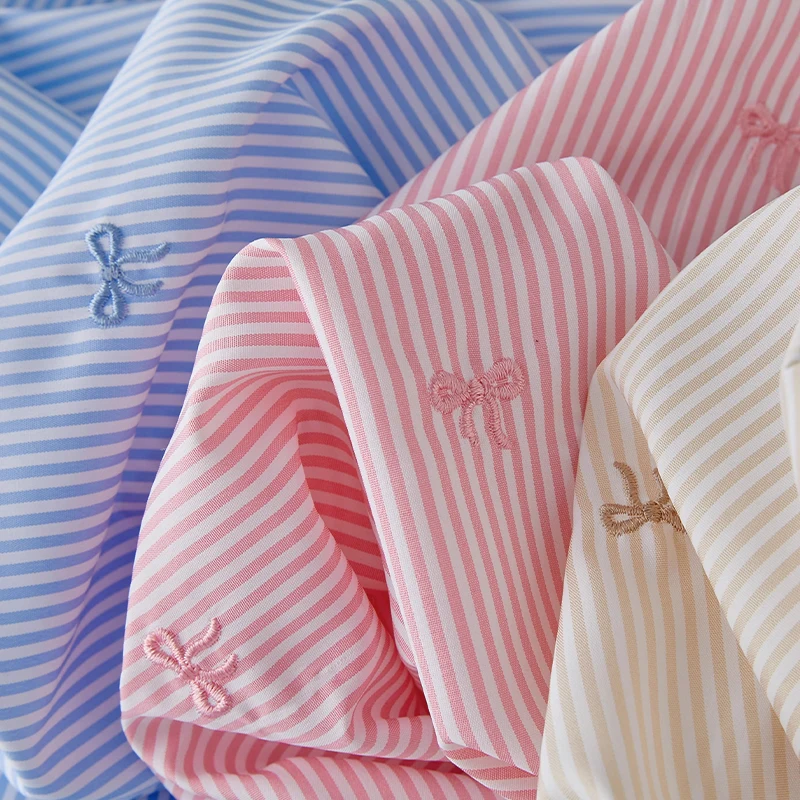 

145x100cm Embroidery Bow Striped Fabric Pink Blue Striped Cloth Diy Shirt Dress Children's Clothing Fabric Diy Sewing Material