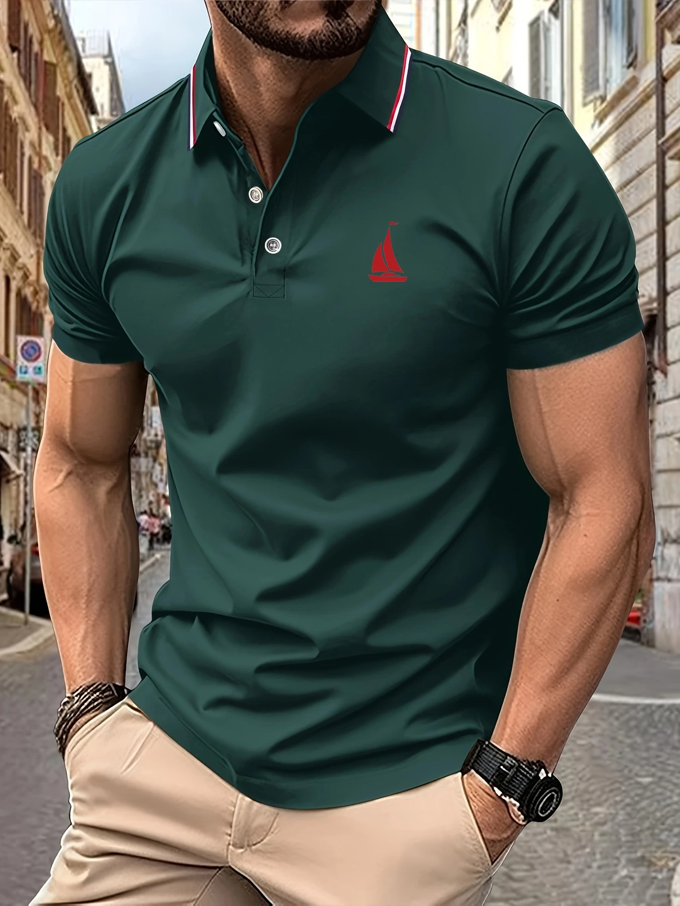 

2025 New Men's Polo Shirt Sailboat Print Summer Lapel Stripes Men Short Sleeve Casual Breathable Light Luxury Cool T-Shirt