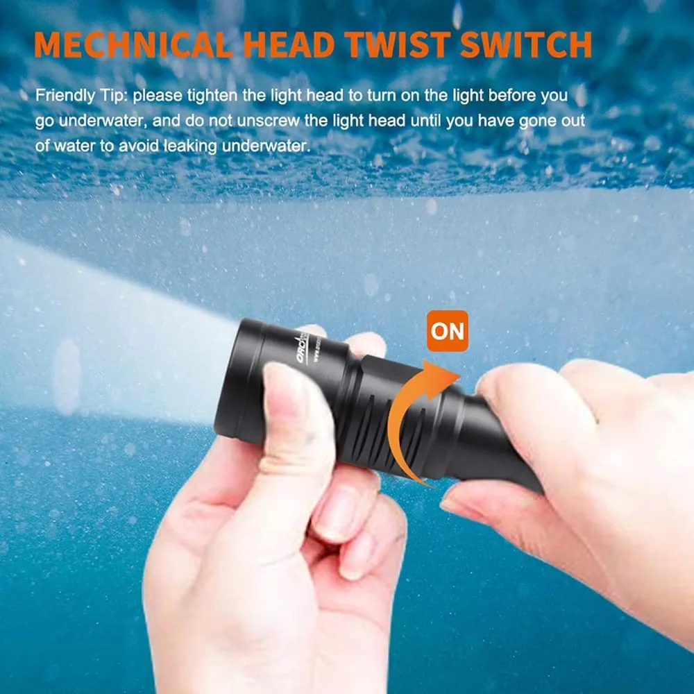 

Free Delivery - D700 1700 Lumens Dive Light Torch Mechanical Head Twist ON/Off Professional Underwater Submersible Flashlight,