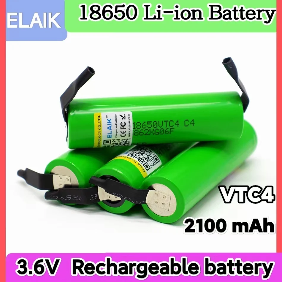 ELAIK 100% Original 3.6V 18650 VTC4 2100mAh High drain 30A Rechargeable battery For US18650VTC4 + Pointed