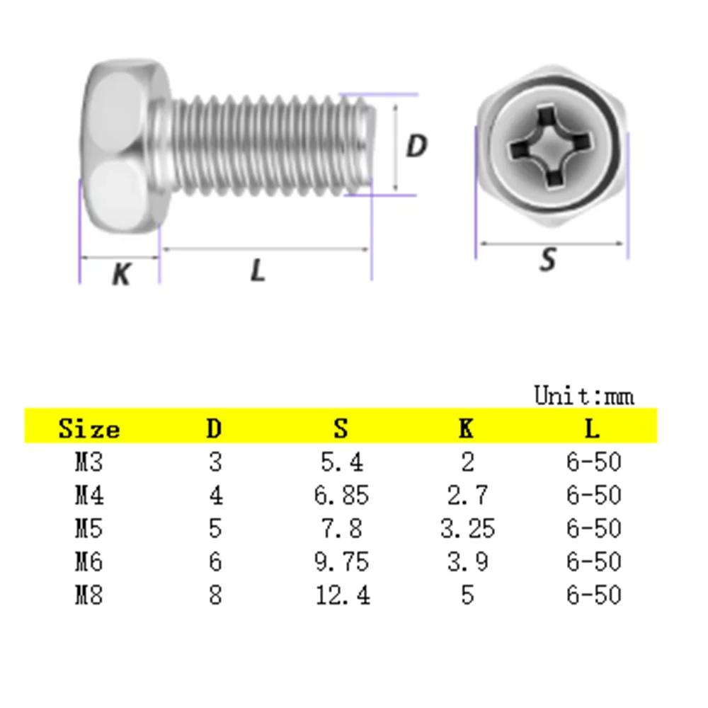 10/50/100pcs 304 Stainless Steel Cross Recessed External Hex Screw M3 M4 M5 M6 M8 Phillips Slot Hexagon Head Bolts
