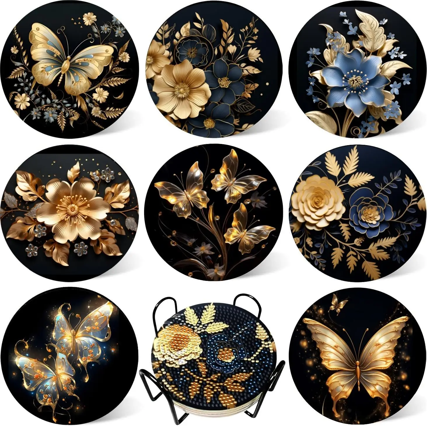 

8 Pcs Butterfly Diamond Painting Coasters Kits With Holder,Diamond Art Coasters Set For Drinks Coffee Table, Gem Painting Kit Fo